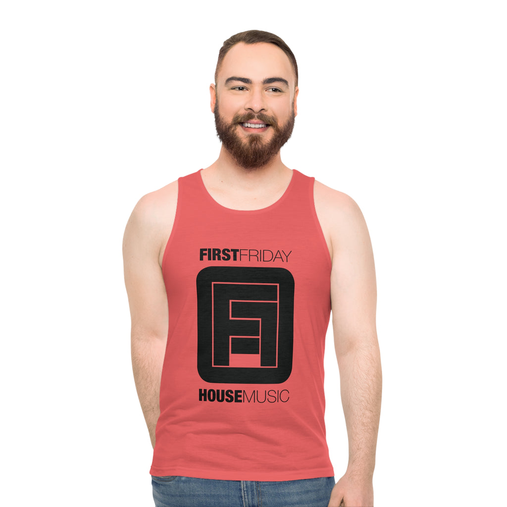Geometric Frame Logo Tank Top — Minimal Black Square Emblem